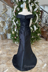 Black Floral Appliques Off-Shoulder Mermaid Long Mother of Bride Dresses with Slit