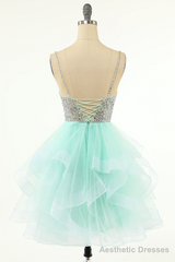 Mint Green Homecoming Dresses Straps V-Neck Multi-Layer Beaded Prom Dresses
