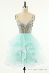 Mint Green Homecoming Dresses Straps V-Neck Multi-Layer Beaded Prom Dresses