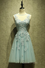 Mint Green Tulle Short Lace Beaded Knee Length Wedding Party Dresses, Lovely Homecoming Dresses Evening Prom Dresses