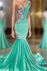 Mint Green Velvet Crstyal Sheer Mermaid Evening Prom Dresses