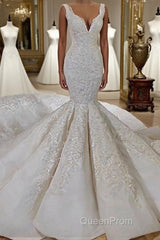 Modern Mermaid Lace Wedding Dresses Online Straps Luxurious Bridal Gowns with Long Train