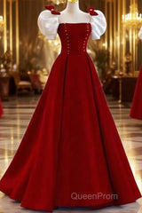 Modest A Line Long Short Sleeves Satin Red Evening Prom Dresses