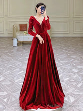 Modest A Line Long Sleeves Red Satin Evening Dress Prom Dresses