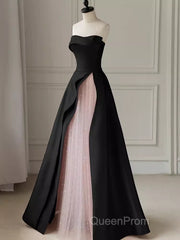 Modest A Line Strapless Long Satin Black Evening Prom Dresses