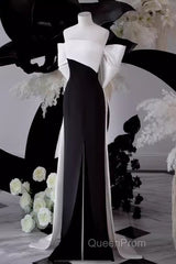 Modest A Line Strapless Long Sleeveless Satin Black Evening Prom Dresses