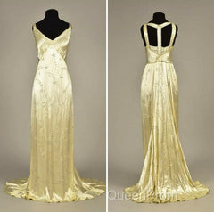 Modest A Line V Neckline Yellow Satin Beads Long Party Dresses Evening Prom Dresses