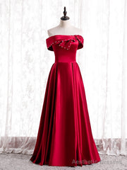 Modest Burgundy Satin Off the Shoulder Pearls Prom Dress