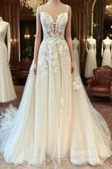 Modest Long A-line Spaghetti Straps Tulle Wedding Dresses with Appliques Lace