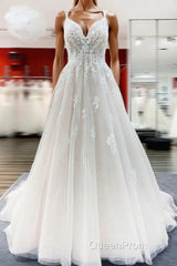 Modest Long Princess V-neck Tulle Spaghetti Straps Wedding Dresses with Lace