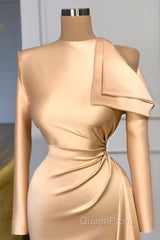 Modest Long Sleeves Ruched Mermaid Evening Prom Dresses With Cool Shoudler