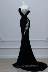 Modest Mermaid Strapless Black Long Floor Length Beads Evening Prom Dresses