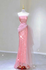 Modest Mermaid Strapless Pink Tulle Ruffles Long Party Dresses Evening Prom Dresses
