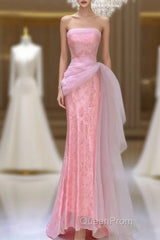 Modest Mermaid Strapless Pink Tulle Ruffles Long Party Dresses Evening Prom Dresses