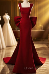 Modest Mermaid Straps Long Sleeveless Red Evening Prom Dresses