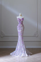 Modest Mermaid Sweetheart Lilac Tulle Sequin Flowers Evening Dresses Long Evening Prom Dresses