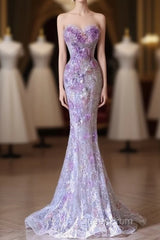 Modest Mermaid Sweetheart Lilac Tulle Sequin Flowers Evening Dresses Long Evening Prom Dresses