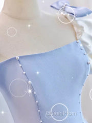 Modest Princess Short Sleeves Long Blue Satin Evening Prom Dresses