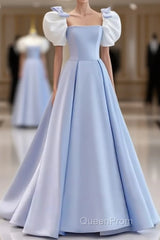 Modest Princess Short Sleeves Long Blue Satin Evening Prom Dresses