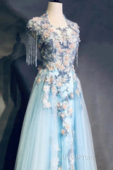 Modest Sky Blue A-Line Tulle Beading Embroidery Appliques Long Evening Prom Dresses Pageant Gown