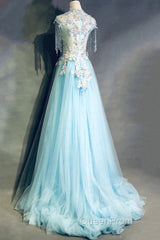 Modest Sky Blue A-Line Tulle Beading Embroidery Appliques Long Evening Prom Dresses Pageant Gown