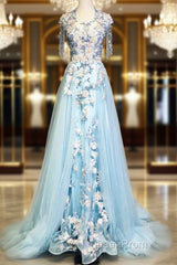 Modest Sky Blue A-Line Tulle Beading Embroidery Appliques Long Evening Prom Dresses Pageant Gown