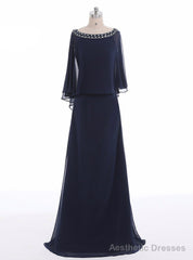 Navy A-line Beading Chiffon Long Blue Mother Of The Bride Dresses