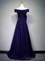 Navy Blue A-line Spandex Long Prom Dress, Off Shoulder Bridesmaid Dress