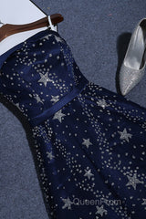 Navy Blue A-Line Tulle Long Evening Dresses, Navy Blue Evening Prom Dresses