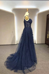 Navy Blue A-Line Tulle With Lace Evening Prom Dresses, Navy Blue Long Party Dresses