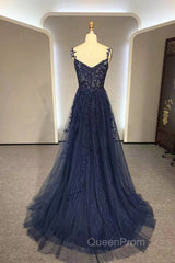 Navy Blue A-Line Tulle With Lace Evening Prom Dresses, Navy Blue Long Party Dresses