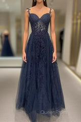 Navy Blue A-Line Tulle With Lace Evening Prom Dresses, Navy Blue Long Party Dresses
