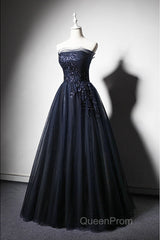 Navy Blue A-Line Tulle With Lace Scoop Long Evening Prom Dresses, Navy Blue Evening Dresses
