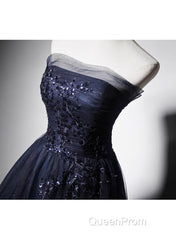 Navy Blue A-Line Tulle With Lace Scoop Long Evening Prom Dresses, Navy Blue Evening Dresses