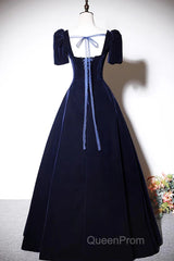 Navy Blue A-Line Velvet Long Evening Dresses, Short Sleeves Beaded Evening Prom Dresses