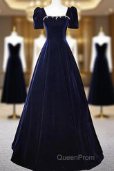 Navy Blue A-Line Velvet Long Evening Dresses, Short Sleeves Beaded Evening Prom Dresses