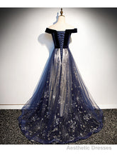 Navy Blue Floral Off Shoulder Velvet and Tulle Prom Dress, Blue Party Dress Formal Dress