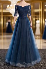 Navy Blue Half Sleeves Lace Long Evening Prom Dresses, Navy Blue Lace Formal Dresses