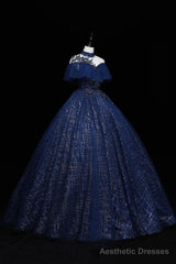 Navy Blue High Neckline Tulle with Lace Formal Dress, Navy Blue Ball Gown Sweet 16 Dress
