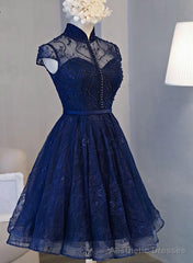 Navy Blue Knee Length Lace Party Dress, Homecoming Dress
