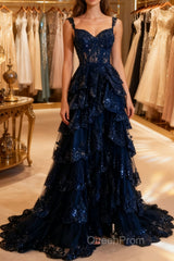 Navy Blue Lace Layered A Line Evening Prom Dresses