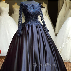 Navy Blue Long Sleeve Evening Prom Dresses Appliques Beaded Ball Gown