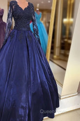 Navy Blue Satin Ball Gown Evening Prom Dresses Lace Long Sleeves