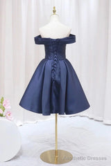 Navy Blue Satin Off Shoulder Knee Length Party Dress, Navy Blue Homecoming Dress
