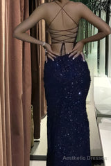 Navy Blue Sequin Long Prom Dresses Mermaid Cross Back Evening Party Dresses