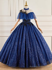 Navy Blue Sequins High Neck Appliques Beading Quinceanera Dress