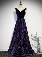 Navy Blue Sequins V-neck Backless Prom Dress