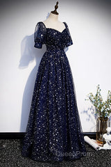 Navy Blue Short Sleeves Sweetheart Long Party Dresses, A-Line Blue Evening Gown