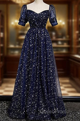 Navy Blue Simple Tulle Short Sleeves Evening Prom Dresses, Navy Blue Long Evening Dresses