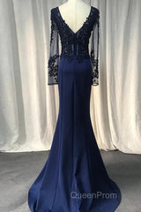 Navy Blue Spandex Long Sleeves Mermaid Evening Dresses, Navy Blue Evening Prom Dresses
